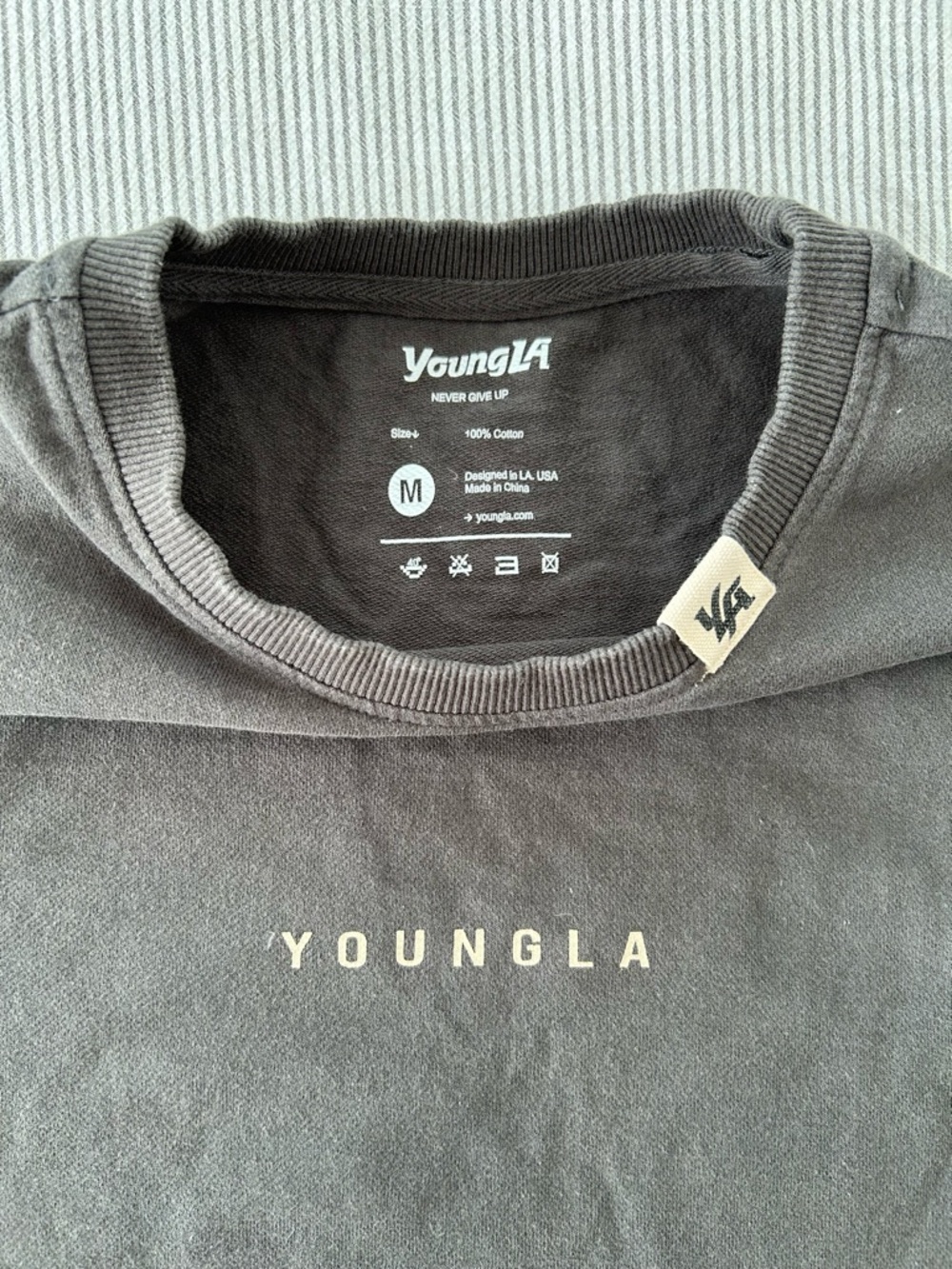 YoungLA Charcoal Tee with Cream 'YOUNGLA' Chest Print and graphic on back